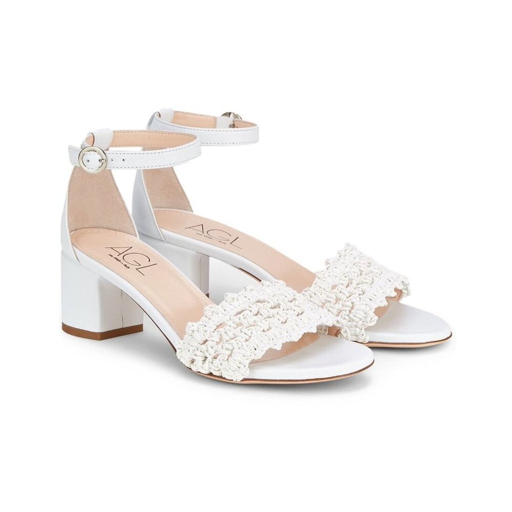 AGL Crochet White Leather Sandal Ankle Strap Block Heel SZ 37.5 NEW $398 SH03